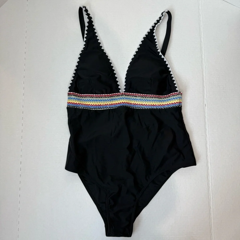 Black One-Piece Swimsuit with Rainbow Zigzag Trim – Size XL